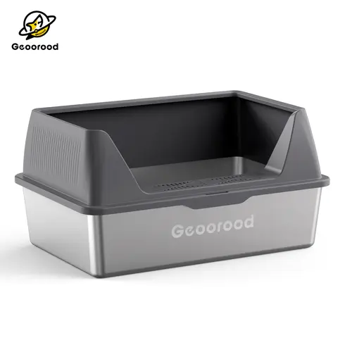 【Geoorood】Steel-ABS XL Semi-Enclosed Litter Box for Indoor Big Cats (Gray) - 10.5" Wide Side-Entry Door, Open Top, Includes Scoop, Leak-Proof Design, Odor Control, Easy to Clean, 3x More Durable, Under 18lbs, Long-Lasting,familyfun