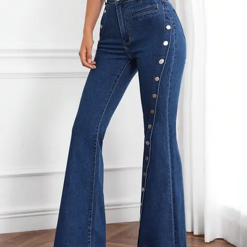 Women's Casual High-Waisted Jeans, Featuring A Multi-button Design, Medium-stretch Fabric, Dark Blue Slimming Flared Style. Fashionable And Versatile Denim Trousers Are Suitable For All Seasons