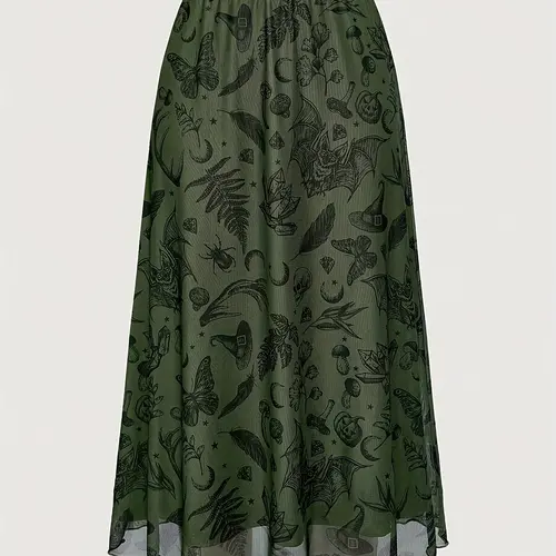 Fairycore Gothic Bat Skull Moon Pumpkin Print Midi Skirt, Punk A-Line Fitted Skirt, Halloween Costume, All Seasons Wear
