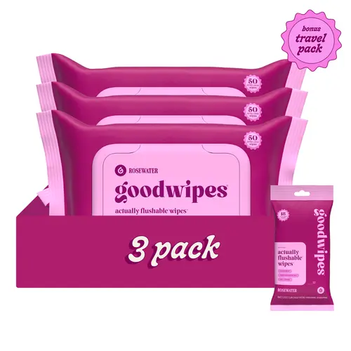 Rosewater Goodwipes - Extra Large Flushable Wipes, 40% Larger Than Average, Plant-Based Fibers, Safe for Sewer & Septic Systems, 50 Count + Travel Pack Disposable Face Towelettes Disposable Multi Use