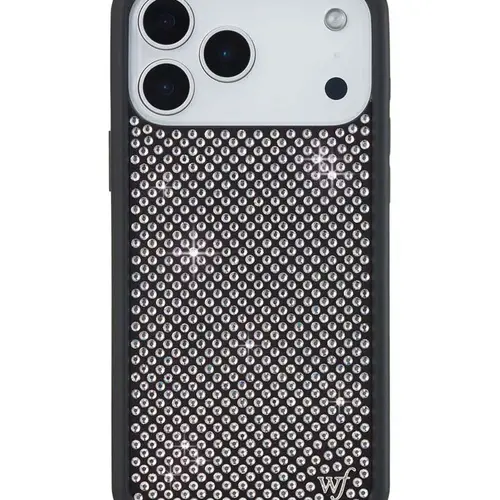 Wildflower Cases Limited Edition Trendy Collab White Rhinestone & Silver Studded iPhone Case, Raised Black Bumper Protective Casing, Women's Owned Small Business, Custom Handheld Smartphone Devices Accessories, Gift for Her, Cover, Durable