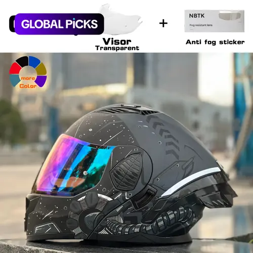 Nbtk Flip-Up Motorcycle Helmet, Safety Riding Helmet with visor, Affordable Helmet, Includes day & night clear lenses, clip-on anti-fog film, Abs Material with Eps Padding, Adjustable Ventilation, Detachable Liner, 3C & Dot Safety Certified #GLOBAL PICKS