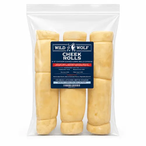 9-12” Chicken-Coated Collagen Cheek Rolls (3 Pack) 100% Natural and Extra-Thick - Single-ingredient - Long-lasting for Big Dogs and Aggressive  Chewers