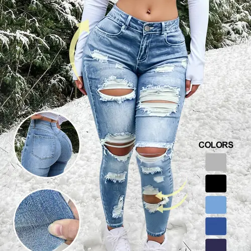 Women's High Waist Slimming Ripped Slim Fit Jeans, High Stretch Fabric, Casual Fashion Skinny Denim Pants, Comfortable and Stylish Bottoms