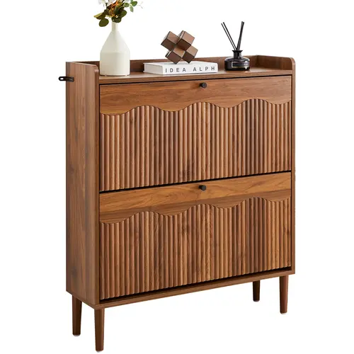 FurSch Wooden Fluted Shoe Cabinet with 2/3/4 Flip Drawers, Narrow Entryway Shoe Storage Cabinet with Wave Design, Freestanding Shoe Organizer for Hallway, Living Room