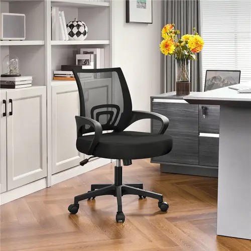 Costoffs Sturdy Modern Ergonomic Mesh Mid-Back Office Chair - Adjustable Seat Height, 360° Smooth Roll Swivel, Fixed Arms, Lumbar Support, Rolling Casters, 300lb Capacity, for Home Office & Work From Home Setups, Black, Mesh Fabric