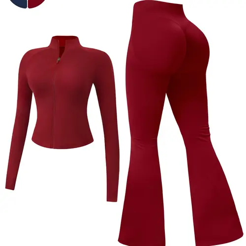 Women's 2-Piece Sportswear Set, Yoga Active Wear, Long Sleeve Slim Fit Top & High Waist Tight-Fitting Pants, Yoga Gym Running Comfortable Breathable