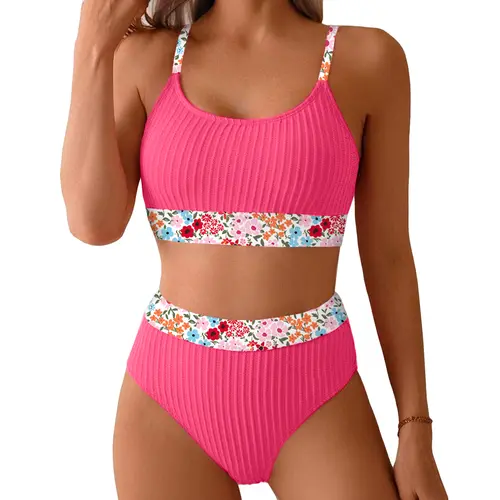 Aleumdr Women's High Waisted Bikini Set - Ribbed Textured Jacquard Fabric, Floral Trim, Adjustable Straps, Tummy Control 2-Piece Swimwear, Swim Top Set, Bathing Suit, Beach-to-Pool Ready for Summer Vacation