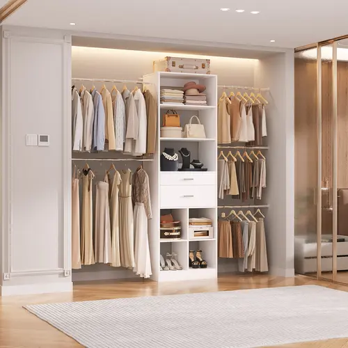 66''-100'' Adjustable Walk-in Closet Organizer with 5 Hanging Rods and 2 Drawers, Morden Closet System with Storage Shelves and Cube Storage Organizer Wooden Freestanding Wardrobe Modern Armoire Wardrobe White Wardrobe Cabinet,dorm essentials,home decor