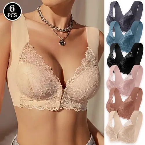 Women's 6-Piece Basic Nylon Minimalist Lingerie - Shockproof Front Buckle Wireless Deep V Lace Bra, Anti-Sagging, Breathable, Seamless, Push Up, Gathered, Close-Fitting Plus Size Brassiere (Grey, Light Pink)