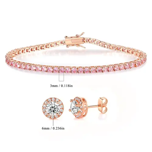 MDFUN 3MM Round-Cut CZ Waterproof Pink Hypoallergenic Unisex Chain Jewelry Bracelets & Bangles for Sensitive Skin, Bracelets for Women, Soft Glam via Stones, Bright Sparkle from CZ, High-Quality Hiphop Style Gift ATS59996-R