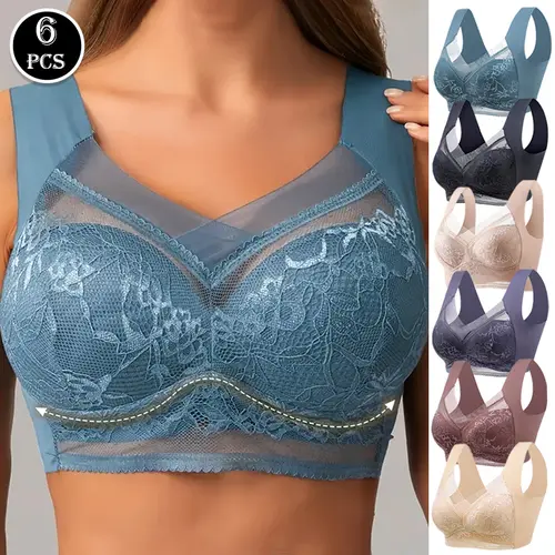 Women's 6-Pack Retro Wedding Lace & Mesh Push-Up Bras - Wire-Free, Seamless, 3/4 Coverage, Padded V-Neck Racerback Mix-Color Lingerie for Women with Lace Styles & Bra Fitting Solutions