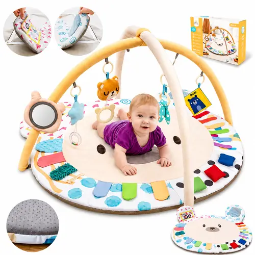 Baby Play Gym, Thickened and Non Slip Activity Mat, Gym Activity，5 Developmental Zones Tummy Time Mat with 5 Detachable Sensory Toys for Motor Skills, Baby Essentials Shower Gift Box
