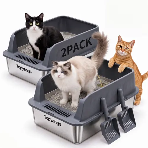 Topyangs 2 Pack Stainless Steel Cat Litter Box | Extra Large High Side Anti-Splash Litter Pans, Leak Proof Easy to Clean, Includes 2 Litter Scoops, Perfect for Multi-Cat Families & Pet Gift