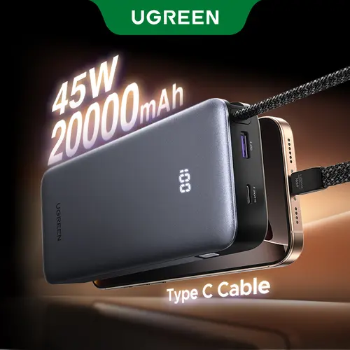 UGREEN Nexode 45W Output High Capacity Portable Battery Power Bank (10001-20000mAh), 3-Port Fast Charging External Pack with Built-in Cable, Type C Input, Digital Display, Travel Ready EDC Gear for iPhone 17 Pro/Samsung S25 Ultra/iPad Pro