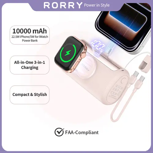 RORRY PalmGo Portable Charger Power Bank 10000mAh 3-in-1 Mini Battery Pack Built-in USB-C Connector 22.5W Fast Charging for iPhone 17/16/15 Apple Watch iPad Travel Essential Pocket Size Backtoschool,back to school,back to school haul