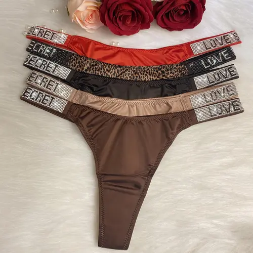 JROZXF 5pcs Rhinestone Letter Low Waist Stretchy Women's Sports Panties Solid Color Drop Waist Thongs V-Strings Lingerie Underwear Seamless Breathable Knicker Soft Stylish Brief Elegant Nylon