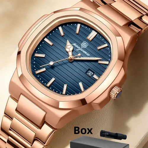 Luxury Men's Square Luminous Waterproof Calendar Stainless Steel Watch, High-Quality Quartz Business Watch, Perfect Gift for Family and Friends