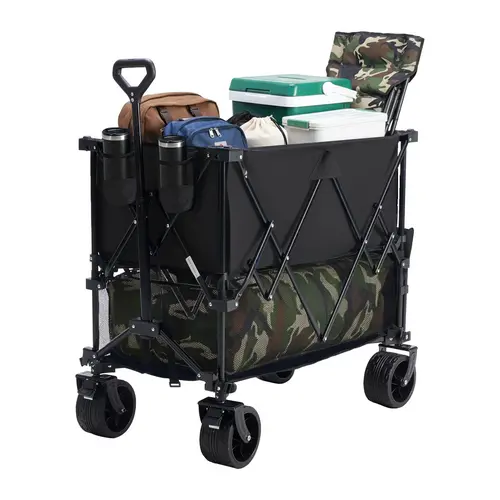 Sweetcrispy 320L Heavy Duty Collapsible Outdoor Double-Decker Wagon - 440 lbs Capacity, Brakes, Flexible Handle, All-Terrain Big Wheels, Compact Pack & Foldable for Grocery, Camping, Collapsible Wagon, Heavy Duty Wagon