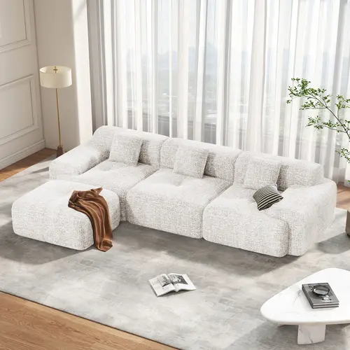 122" Sturdy Upholstered L-Shaped Sectional Sofa Set - Modern 4-Seater Chenille Cloud Loveseat, Pre-Assembled Convertible Couch with Fixed Arms, Breathable Fabric, Configurable Ottoman for Living Room, Ottoman Adds Cozy Extra Seat, Cozy Comfy Loveseat