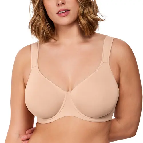 HSIA Joan Comfortzone Full Coverage Unlined Seamless Plus Size Underwire Support Wider Cushioned Straps Reduces 1 to 1.5 Cup Sizes U Shaped Smoothing Back Breathable Naked Feel Everyday T Shirt Bra for Curvy Women Shaping Lingerie