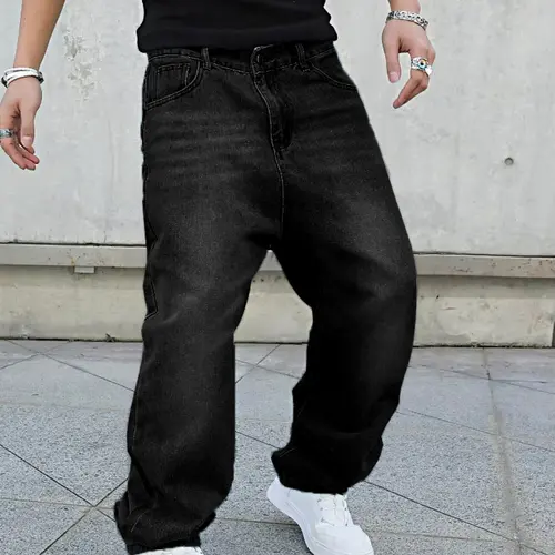 New Men's Four-Season Jeans, Fitted Casual Jean, Plain Dark Wash, Floor-Length, Button Fly, Y2K Retro Style, Gift for Husband or Boyfriend, Pants