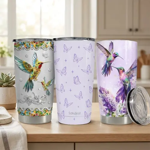 SANDJEST 20oz Hummingbird & Purple Butterflies Thermal Tumbler with Lid, Double Wall Vacuum Insulated Stainless Steel Flask, Cup Holder Friendly for Home & Travel, Perfect for Iced Coffee Matcha Hot/Cold Drinks, Birthday Christmas Gift, Stylish, Portable