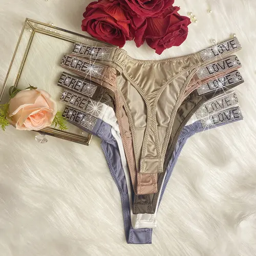 JROZXF Women's 5-Pack Spandex Thongs with Rhinestone Letters, Sporty Chic Ruched Nylon Low-Waist Panties for Halloween, Thanksgiving, Nightwear