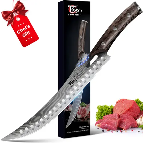 #sohochic SYOKAMI 10.5 in High Carbon Japanese Style Butcher Knife, Razor Sharp Cooking Knife with Ergonomic Full Tang Hygroscopic Wood Handle, Gear Teeth, Damascus Pattern, Gift Box for Mother's Day