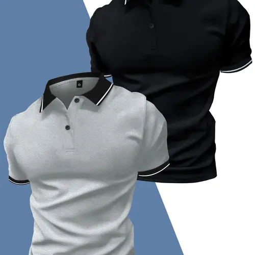 Men’s 2-Piece Knitting Tops Set: Fitted Casual Button-Collar Slightly Stretchy Polo Shirt, Lightweight Short-Sleeve Summer Work Dress Shirt with Tropical Stretch Polyester Knit Single-Layer Flat Design