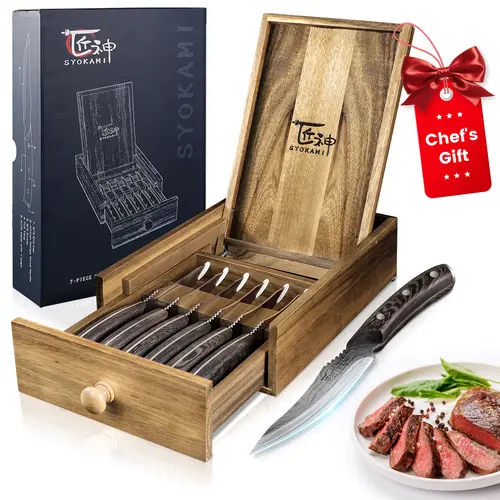 #sohochic SYOKAMI 4.8 Inch Steak 2/4/6/8 Knives Sets, High-Carbon Japanese Style Non-serrated Steak Knife with Wood Handle, Damascus Pattern Full Tang Design, Razor-Sharp Dinner Knives with Gift Box For Mother's Day