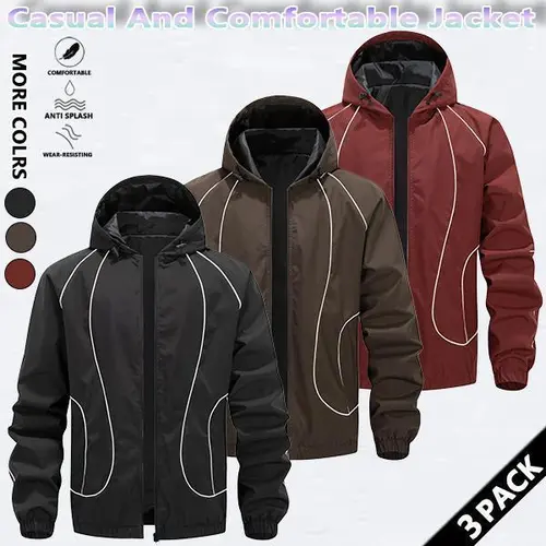 Men's Stylish Solid Color Waterproof Windproof Zip-Up Hooded Jacket - Menswear Tops Coats with Drawstring, Striped Print, Zipper Pockets, Suitable for Outdoor Activities - SpringStatements