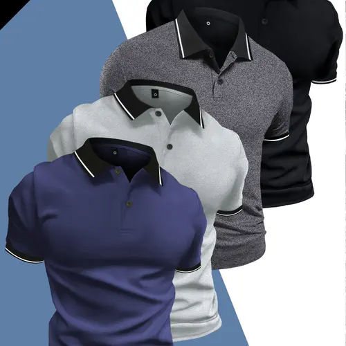 Men's 4-Piece Athletic Knitting Set, Basic Chic Collared Neck Stretchy Polyester Polo Shirt, Lightweight Single-Layer Short-Sleeve Business Casual Summer Top