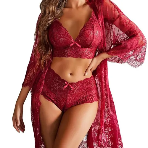 Women's Sheer Lace Underwear Pajama Set, Romantic Lingerie Nightwear with Adjustable Straps Fitted Top, Bow Decor Panty and Belted Lounge Robe, Sleepwear & Loungewear for All Seasons