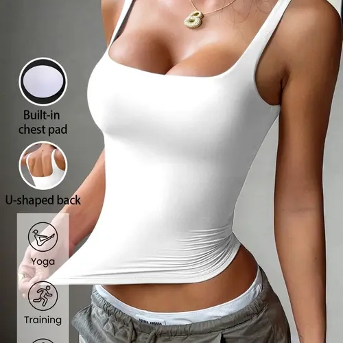 Solid Color Casual Chic Sleeveless Tank Top, Women Slim-Fitting Y Shaped Design for Fall, Comfortable Sportswear for Everyday Use, Casual Flattering Sleeveless, Casual Basic Tanks