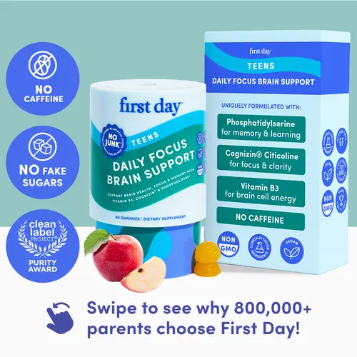First Day Teen Focus Gummies Ages 13-17, Natural Apple Flavor — Cognizin Citicoline, Phosphatidylserine, Vitamin B3 — Focus, Memory, Mental Clarity, Brain Energy — Caffeine-Free, 30-Day Supply, Vegan, Non-GMO, No Junk Edible Healthy