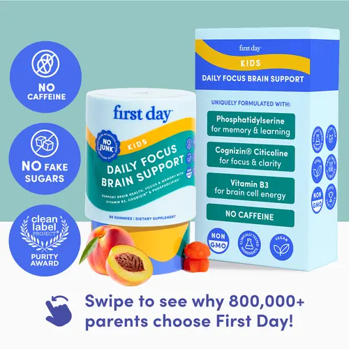 First Day Kids Focus Gummies Ages 4-12, Natural Peach Flavor — Cognizin Citicoline, Phosphatidylserine, Vitamin B3 — Focus, Memory, Learning, Brain Energy — Caffeine-Free, 30-Day Supply, Vegan, Non-GMO, Kosher, No Junk Dietary Healthy