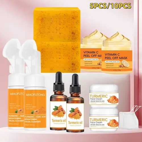 Turmeric Skincare Set, Soap, Mousse Cleanser, Oil, Peel-Off Mask and Face Cream, Deep-Cleansing and Nourishing Skin Brightening Kit for Women and Men, Turmeric Facial Set, Skin Care Sets, Skin Care Kits