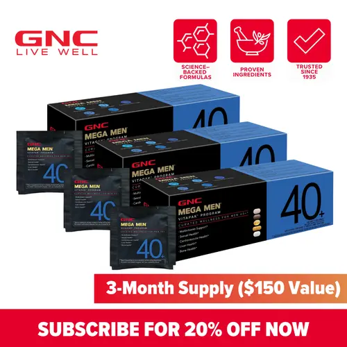 GNC 3-Pack Bundle: Mega Men's 40+ Adult Vitapak Dietary Supplements - 5-in-1 Mineral & Natural Nutrient Formula for Daily Needs, Stress Support, Bone Support, Skin Protection, 30 Count Men's Health Packaged Vitamins Supplements