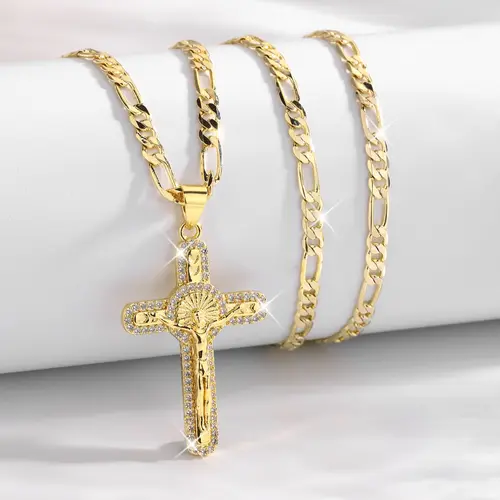 Vintage Zircon Jesus Crucifix Cross Chain Pendant Necklace, Fashion Hip Hop Party Brass Plated Jewelry, Daily Wear, Birthday Gift, Religious Design Necklace
