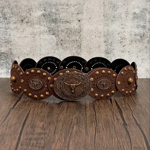 Women's Western Cowboy Style Wide Belt, PU Leather Material, Antique Copper Rivets, Bohemian Carved Bull Head Buckle, Cowgirl Belt, Western Belt Buckles, Western Cowboy Belts, Cowgirl Boho Belt, Belt With Buckle