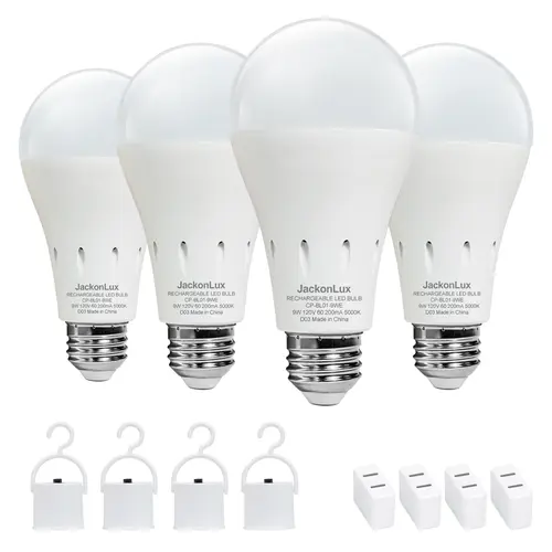 4 Pack Rechargeable Emergency Light Bulbs A19, Camping Lamp Battery Powered LED Light Bulb 5000K Daylight E26 E27 120 Volt 12W 60W Equivalent with 4000mAh for Home Power Outage Camping Hurricane Thanksgiving decorations, Black Friday, Christmas gifts