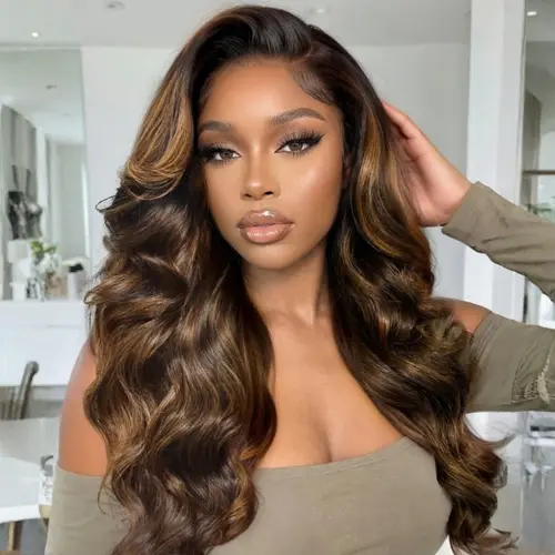 【Special Deal】Sunber Human Hair Balayage Highlight Brown Loose Wave 13x4 Lace Frontal Wig, Pre-Styled Glueless Drawstring Fit All Head Sizes, Beginner-Friendly Put-On-and-Go Balayage Highlight Wig, Balayage Highlight Wigs, Body Wavy Wig