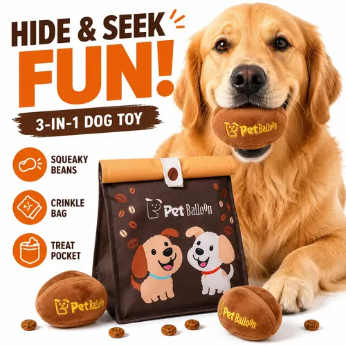 Soft Plush Coffee Bean Animal Print Dog Squeak Toys - Durable, Crinkle Tri-Color Pack with Treat Hider Bag for Small & Medium Breeds, Prevents Boredom, Crinkle Treat Bag