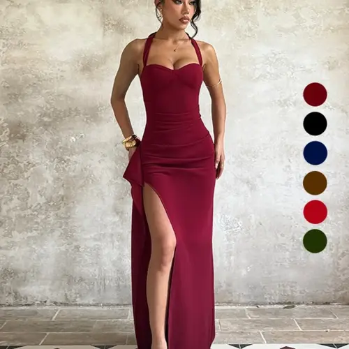 Backless Strapless Plain Slim Fit Slit Dress, Sexy Style All Season Women's Clothing, Perfect for Casual & Daily Wear, Womenswear