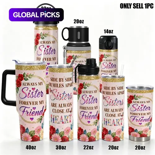 Stainless Steel Insulated Double-Wall Tumbler, Leak-Resistant 40 oz / 30 oz Water Bottle, Insulated Drinkware, Always My Sister Forever My Friend Floral Design, Large-Capacity Portable Cup for Gym, Hiking and Travel #GLOBAL PICKS