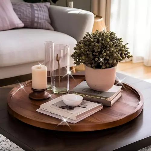 1pc Round Wooden Tray, Desktop Wood Decorative Tray, Round Jewelry Storage Tray for Kitchen, Dining Room, Bathroom, Dressing Table, Bathroom Accessories Organizer, Bathroom Decorations, Bathroom Decor Supplies