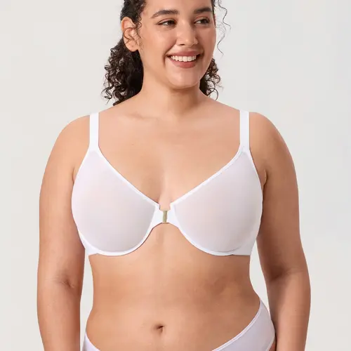 DELIMIRA Women's Cosnufy Plus Size Front Closure Bra Sheer Mesh Design Unlined Underwire for All Day Comfort