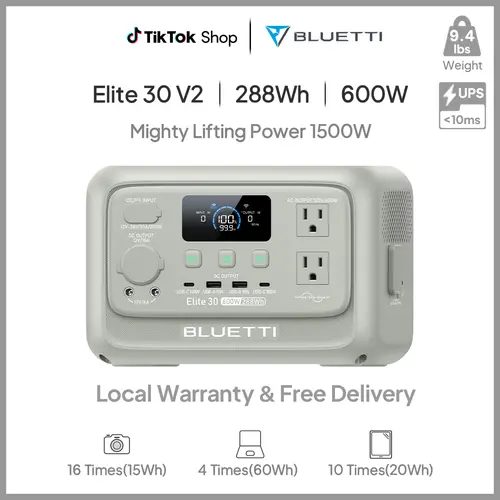 BLUETTI Elite 30 V2 Portable Solar Generator 288Wh Battery 600W AC Output 9 Ports for Camping & Backup Power Station with Smart App & 10ms UPS