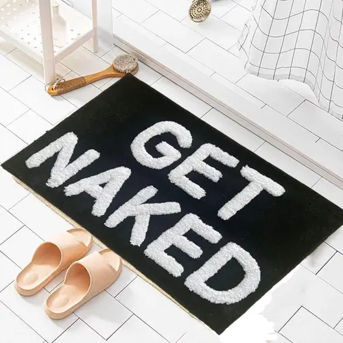 Black and White Microfiber Bath Mat - Home Supplies Floor Liners Bath Mats, Modern Non-Slip, Water Absorbent, Super Soft, Machine Washable, Low Effort, "GET NAKED" Text Print for Vanity Bathroom Decor (From Bathroom to Living Room), Soft Absorbent Mats, S